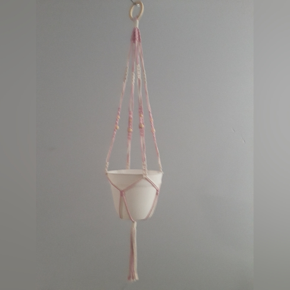 New handmade in Maine USA- Pink and white Macramé Plant Hanger